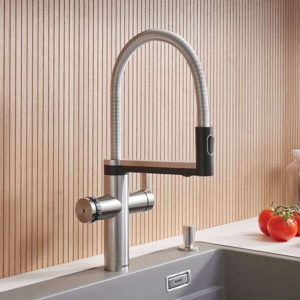 Blanco Choice Icona keukenkraan met soda-, heet- en filtersysteem, draaibaar geborsteld RVS